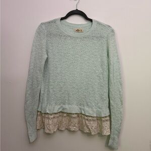 Hollister Light Green Knit Sweater with lace hem
